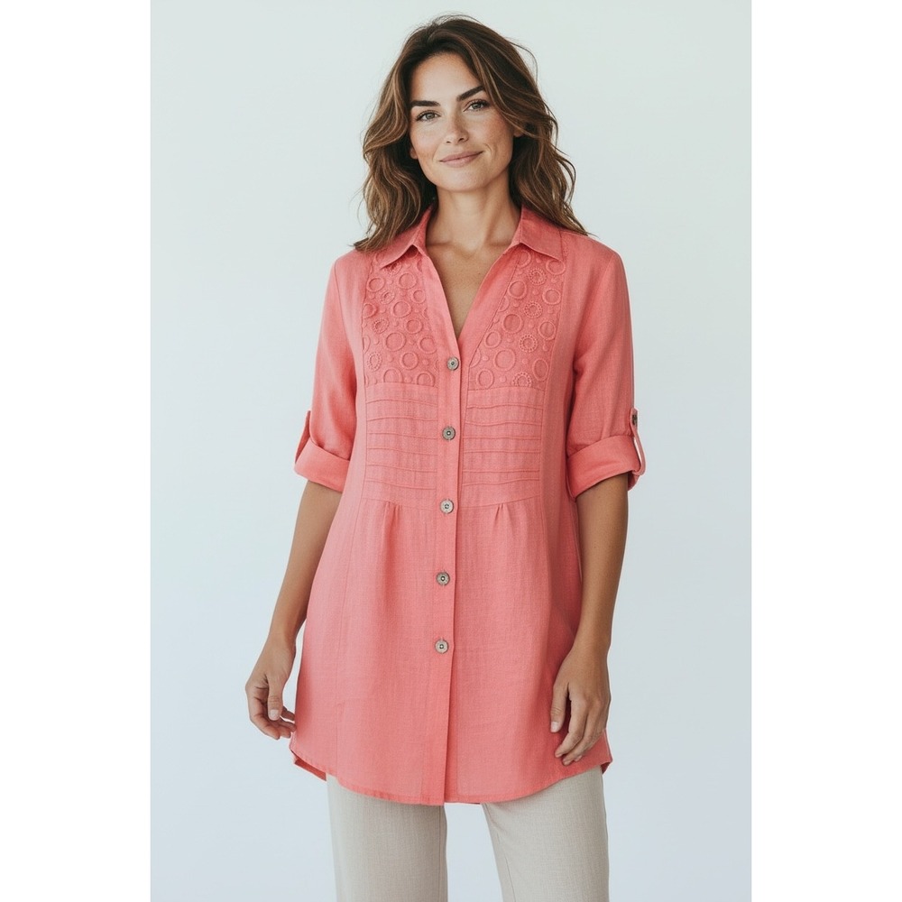 Made in Italy Linen Tunic Coral Pink Eyelet Embroidered Pintuck Roll Tab Top M